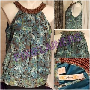EUC Brown & Teal embellished blouse by ADIVA Med.